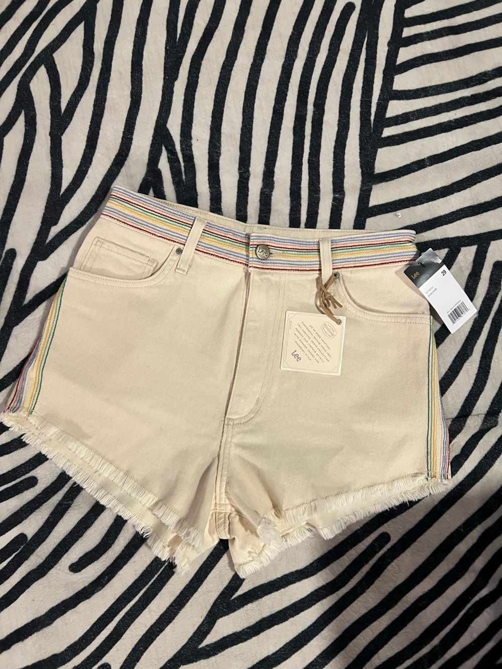Lee Cream Denim Shorts with Multicolor Stripe Trim